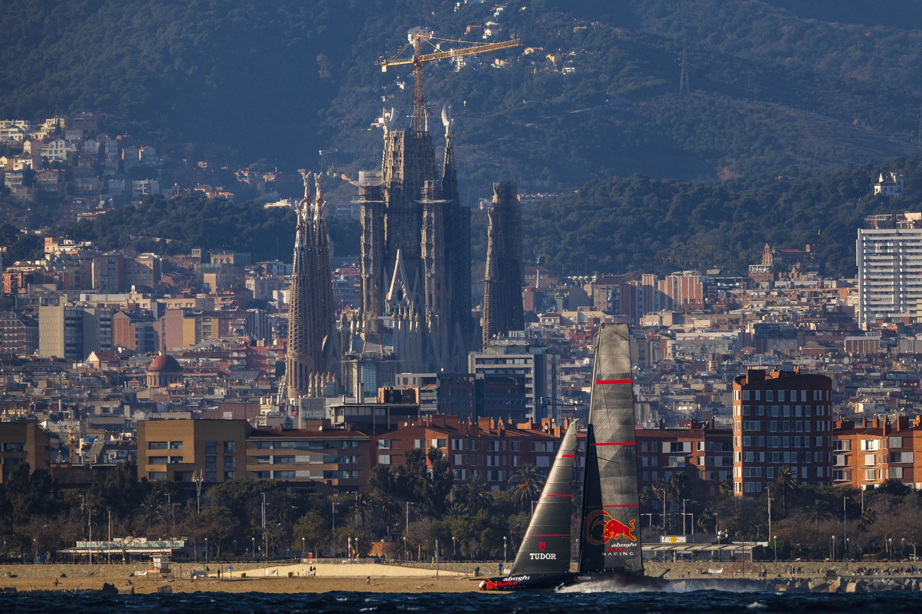 An America's Cup boat sailing off Barcelona
